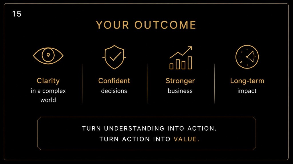 Your outcome: clarity, confident decisions, stronger business, long-term impact